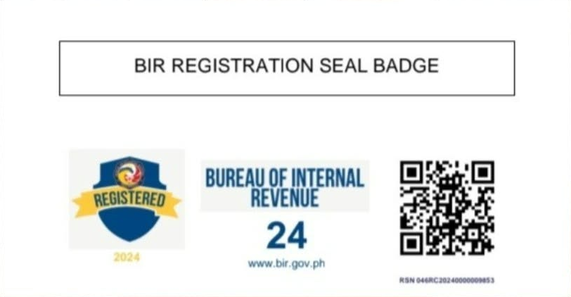 BIR Registration Seal Badge: Registered 2024, Bureau of Internal Revenue, with QR code