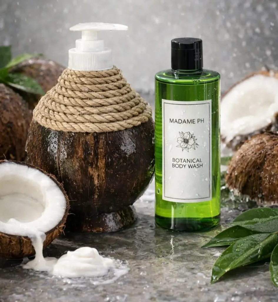 Coconut-shell pump bottle and botanical body wash
