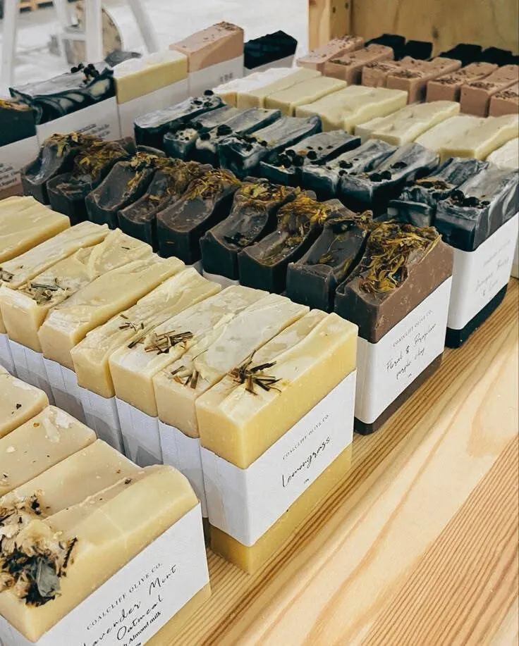 Artisan soap bars curing on racks