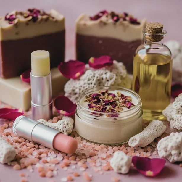 Artisan soaps, lip balm, body oil and rose petals