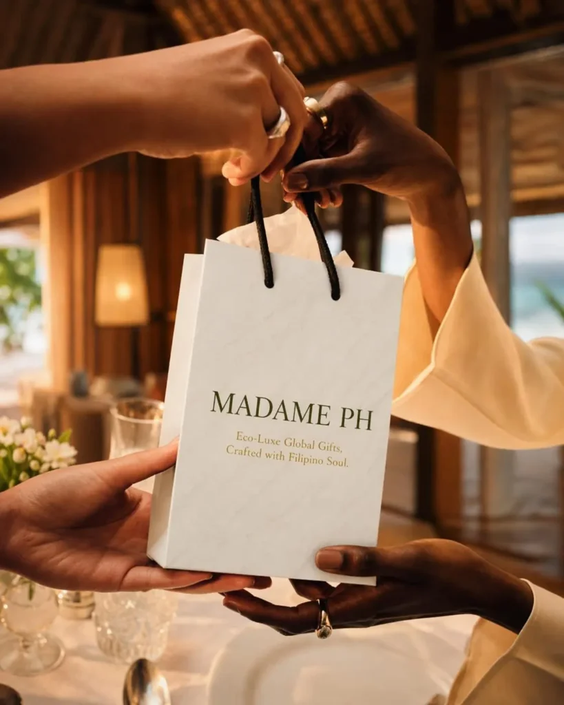 A Madame PH gift bag handed to a guest