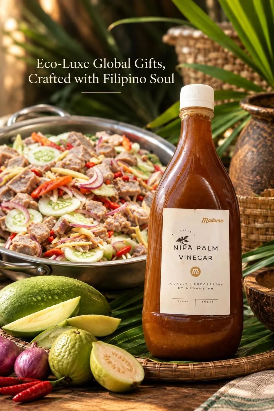 Nipa palm vinegar beside a bowl of kinilaw