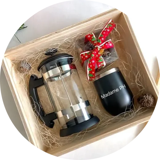 French press and Madame PH tumbler in a wooden gift box
