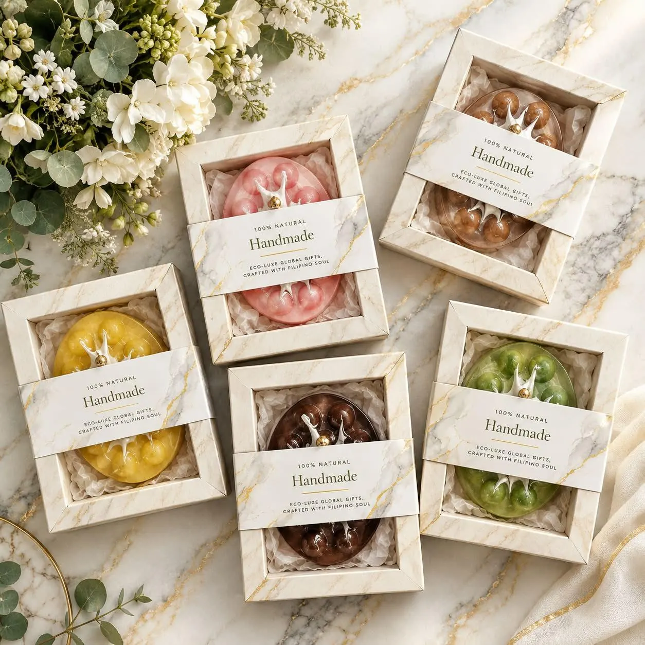 Handmade soaps in marbled gift boxes