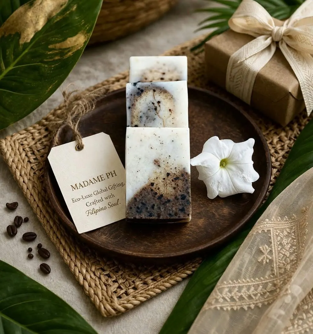 Artisan soaps on a wooden tray with a Madame PH tag