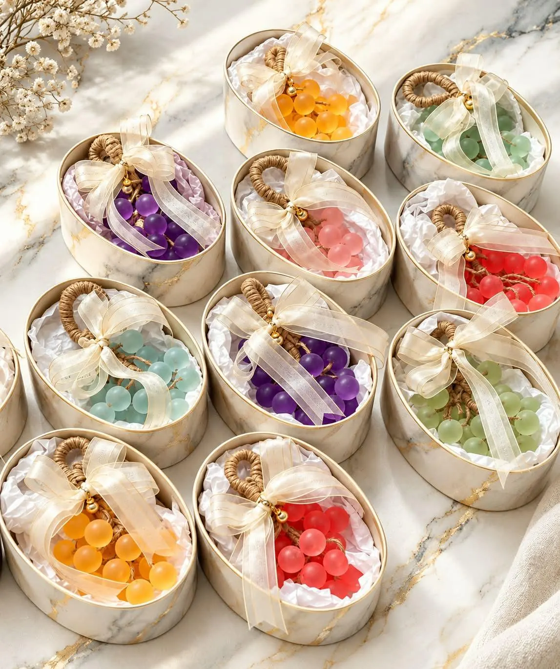 Wedding souvenir tins tied with ribbon